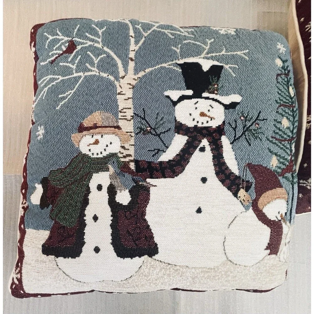 VTG Snowman Tapestry Throw Pillows 16x16 Lot of 2 Winter Christmas Holiday Decor